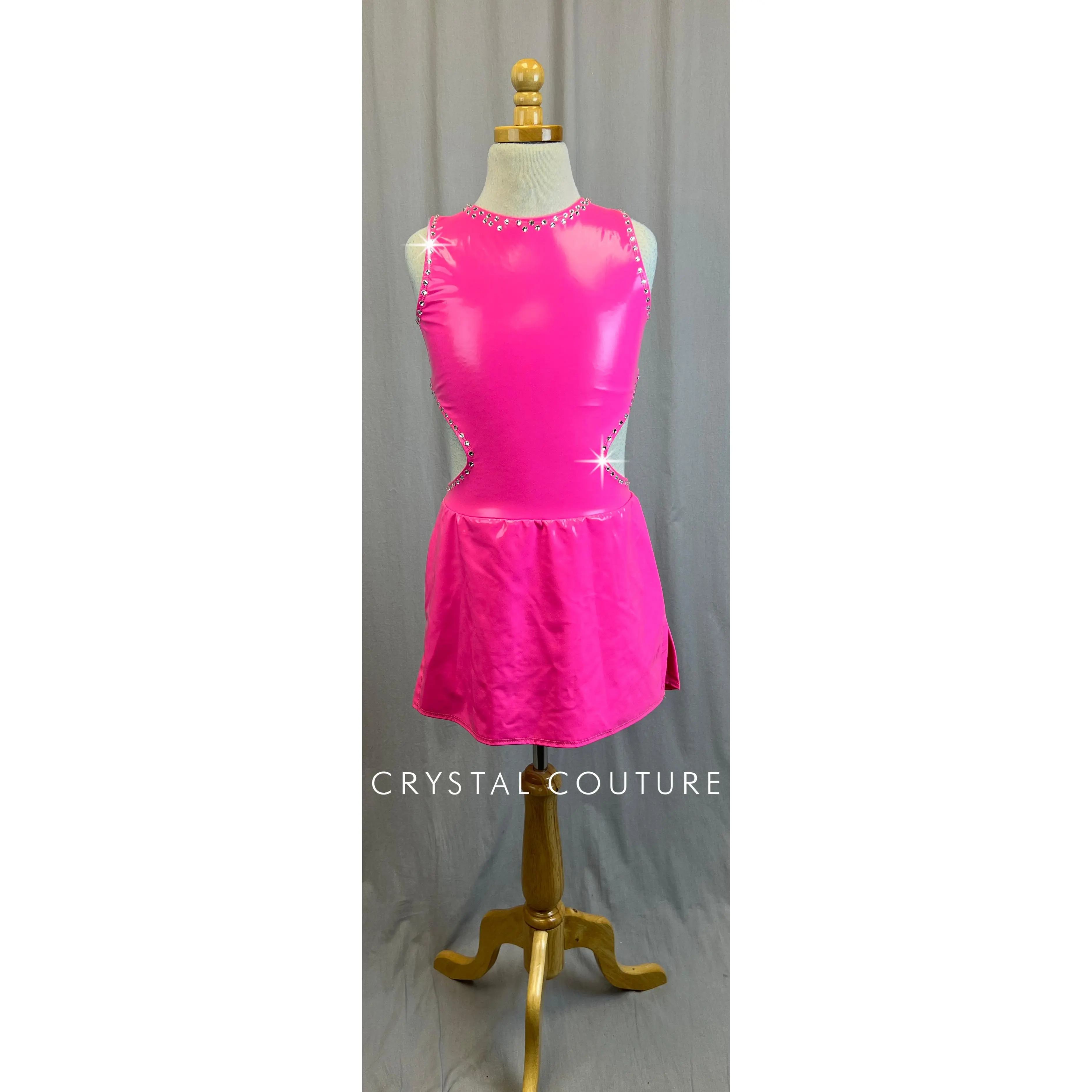 Neon Pink Pleather Dress with Cutouts - Rhinestones