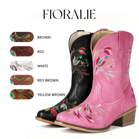 【Clearance】FIORALIE Women's Flower Embroidered Ankle Cowgirl Boots with Almond Pointed Toe Western Cowboy Wide Calf Style Chunky Heel Pull On Short Wide Cowgirl Boots for Comfort and Style botas vaqueras mujer Country Concerts