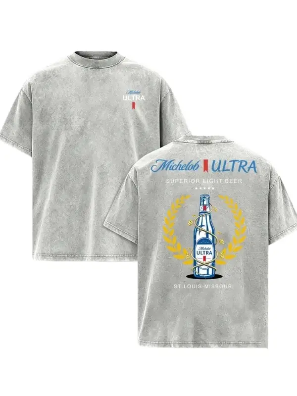 Vintage Acid Washed Graphic T-Shirt, Michelob Ultra Superior Light Beer Double-Sided Print Oversized Tee, St. Louis Missouri Laurel Wreath Bottle Design, Unisex Casual Streetwear Top, Beer Lover Apparel, Off Campus Outfit, Me Core Fashion
