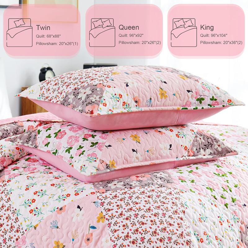 Reversible Patchwork Quilts Full  Size, Lightweight Boho Printed Bedspreads Coverlets Quilt Bedding Set with 2 Pillow Shams for All Seasons, Pink