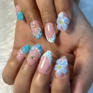 24pcs Short Almond Fake Nails, DIY Nails Art, Nude Blue Flower Ocean Style, Reusable, Multiple Sizes, Includes Jelly Glue and Nail File, Home Nail Art