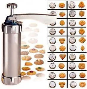 Cookie Press Maker Kit, Spritz Cookie Maker Machine For Baking, DIY Biscuit Maker and Decoration with 20 Cookie Discs and 4 Piping Tips (Stainless Steel)