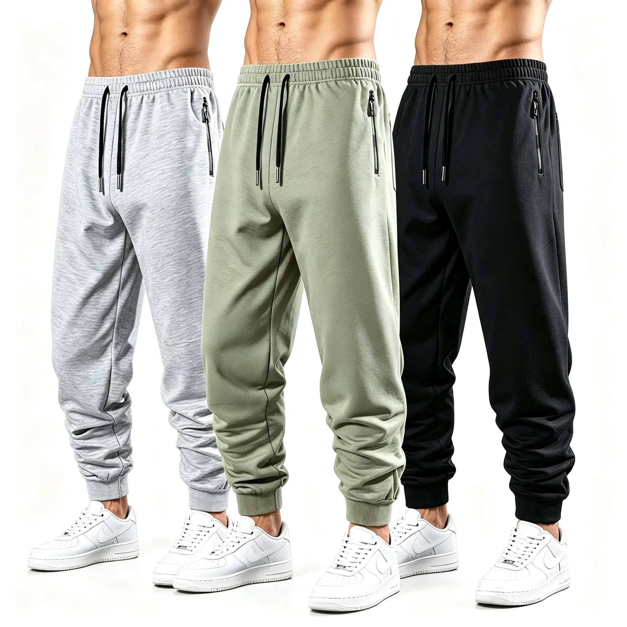 Men’s 3-piece athletic pants set featuring elastic drawstring waist compression leggings with side zipper pockets and a loose ankle fit; suitable for gym workouts, running, travel, and everyday wear, ideal for spring and summer. mens bottoms