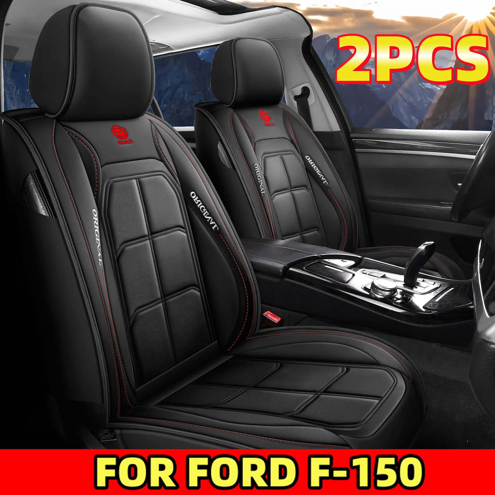 car gift FOR Ford F-150 Car Seat Cover 2PCS Waterproof PU Leather Anti-Slip Wear-Resistant Frontal Double Seats Fully Wrapped Muscle Seat Cover Easy to Clean