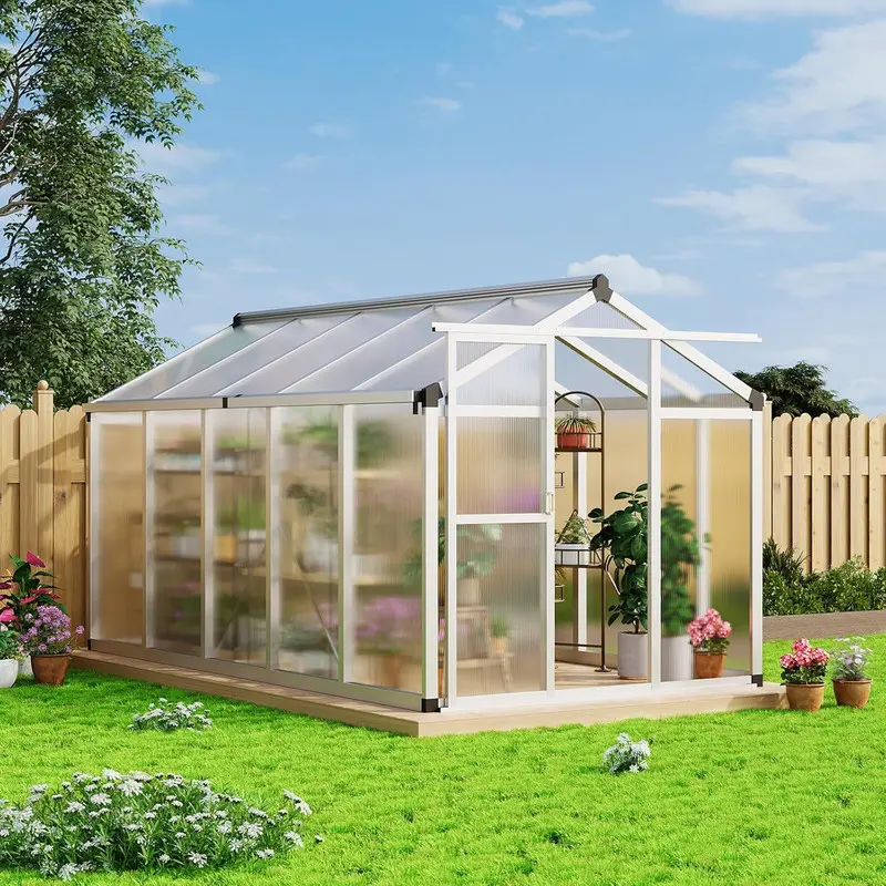 Heavy-Duty Outdoor Greenhouse for Gardening, 6x10x6.5ft Silver Aluminum Walk-In Structure, Polycarbonate Build, Roof Vents, Easy-Installation, 110 lbs/sq ft Capacity for Backyard Patio, Vent, 6X8 Ft