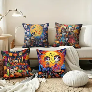 4pcs Halloween Cartoon Skull Party Cushion Covers, Digital Print Zipper Closure, Home Decor Sofa Car Outdoor Seat Pad Covers 45x45cm
