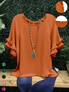 Plus Size Fringe Trim Ruffle Layered Sleeve Tee, Casual Boho Soft Short Sleeve Round Neck T-shirt for Summer, Women's Plus Clothing for Daily Wear