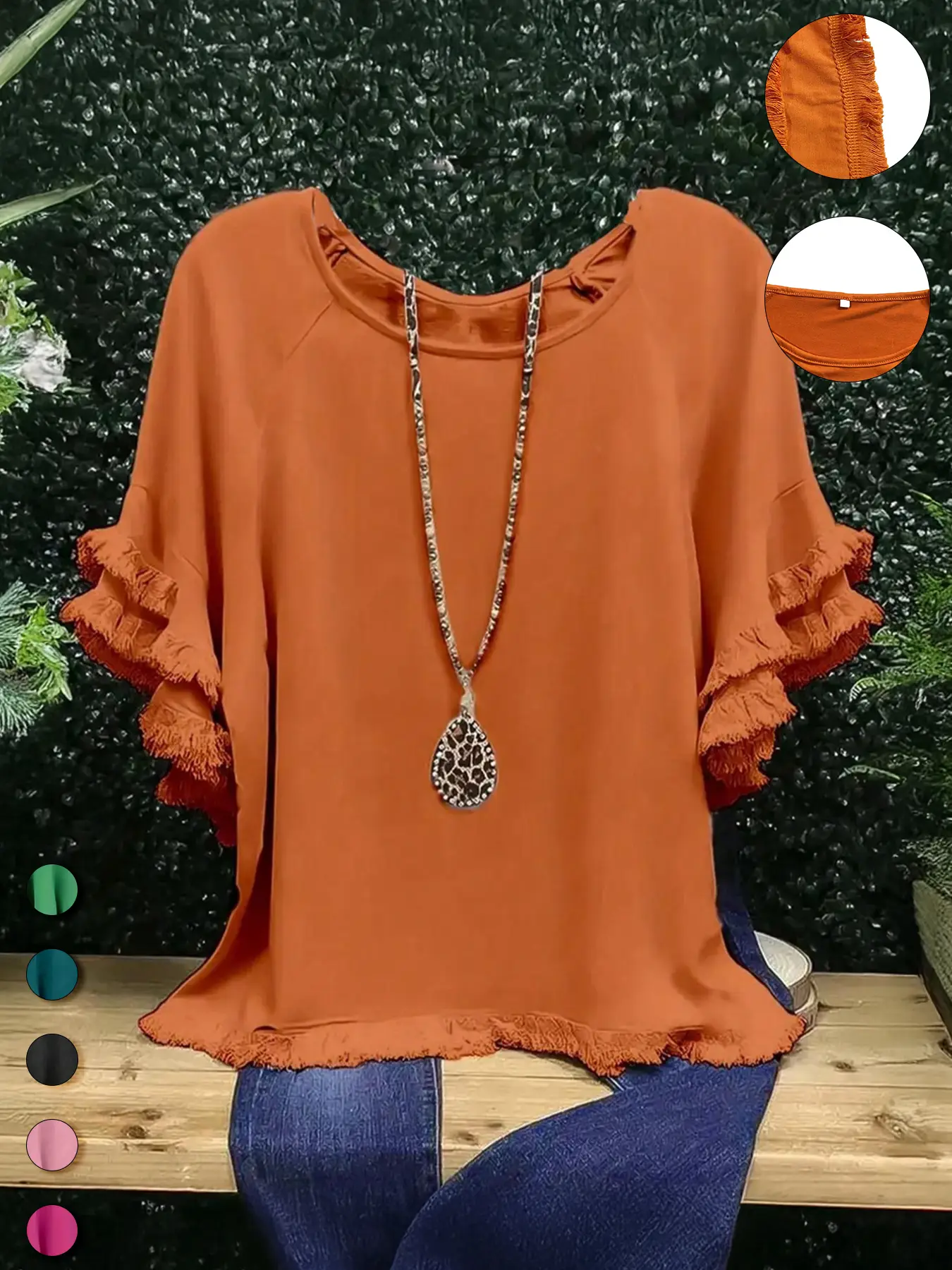 Plus Size Fringe Trim Ruffle Layered Sleeve Tee, Casual Short Sleeve Round Neck T-shirt for Summer, Women's Plus Clothing for Daily Wear