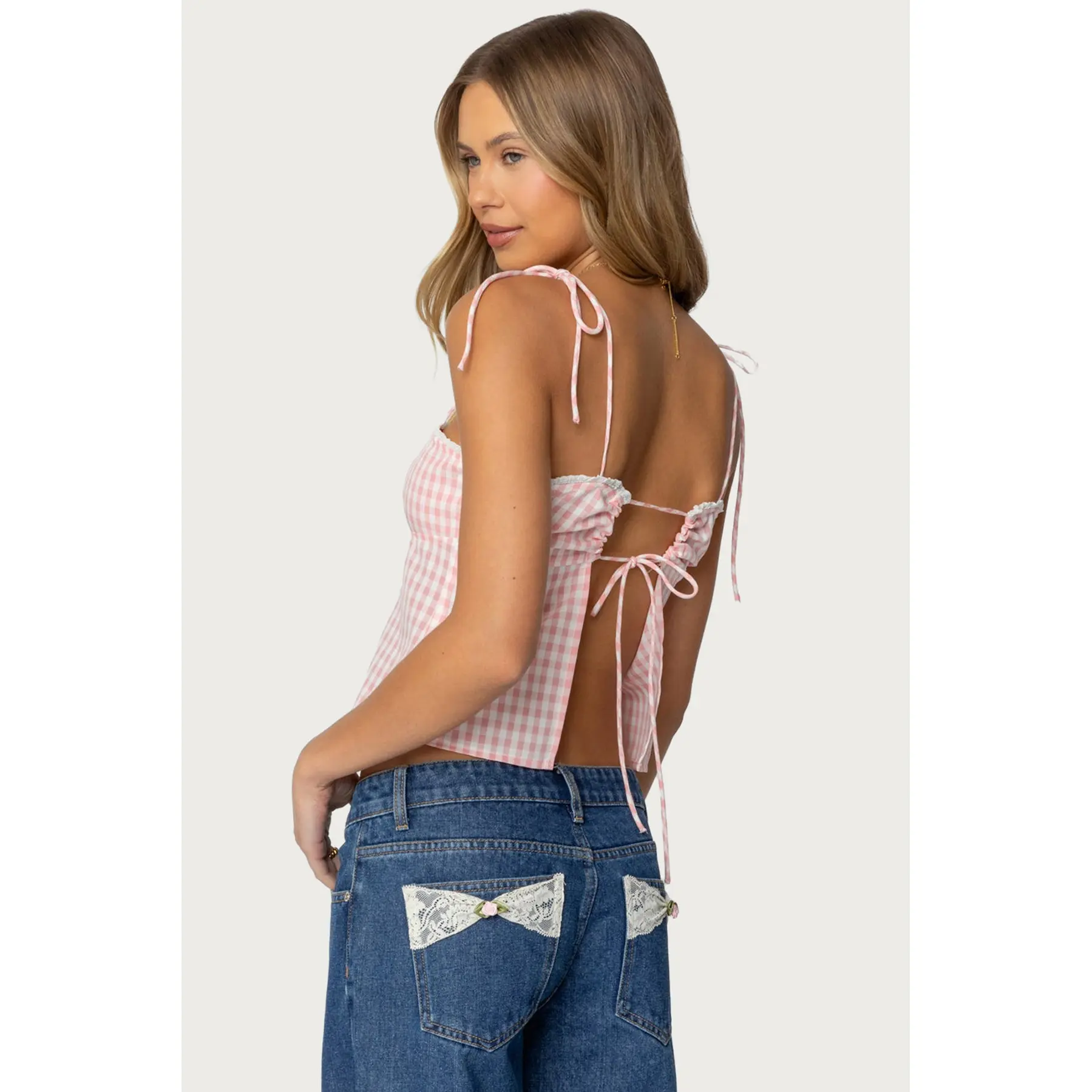 Billie Open Tie Back Gingham Top