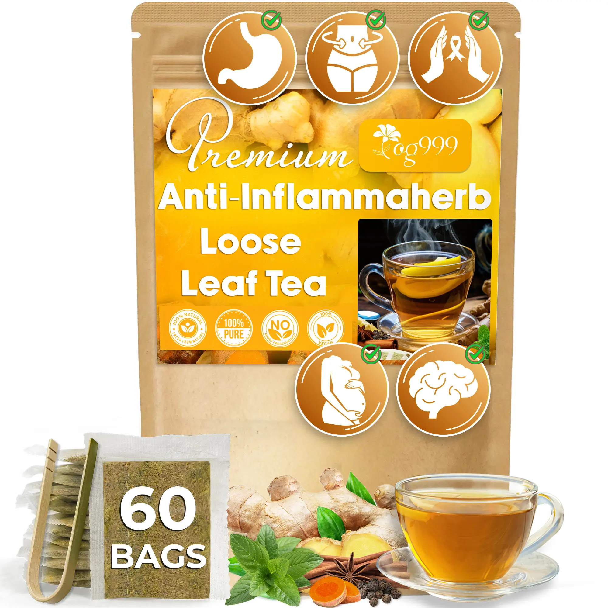 Anti-Inflammatea Loose Leaf Tea Bags with Ginger, Turmeric, Peppermint, Black Pepper, Cinnamon. Made with Natural Material Tea Bags. No Sugar, No Caff