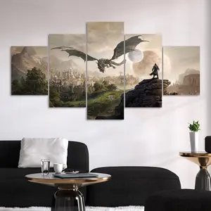 Game Castle Characters & Ancient Dragon Pattern Canvas Unframed Painting, 5 Counts/set Modern Wall Art Poster, Wall Art Decor for Home Living Room Bedroom Office, Ornaments, Home Decor Supplies, Modern Home Decoration