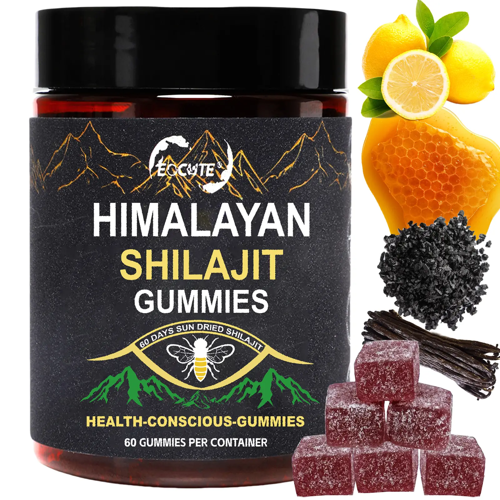 EOCUTE Himalayan Shilajit Gummies Gold I - Lab Tested Ashwagandha, Gokshura & Fulvic Acid with 85+ Trace Minerals, 60 Gummy Sweets per Container Healt