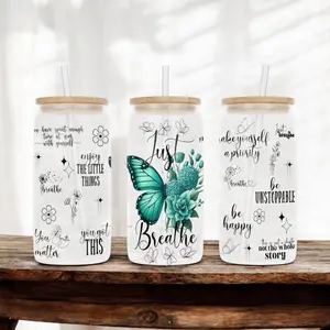 Reusable Glass Water Cup Butterfly Affirmations Just Breath 16oz or 20oz Frosted Glass Cup with Lid and Straw - Drinkware for Positive Affirmations and Meditation Reusable Tumblers Mug Bamboo Bottle