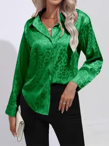 Women's Leopard Satin Long Sleeve Shirt Top, Elegant Fitted Blouse for All Seasons, Stylish Front Button Design