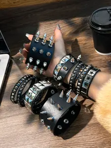Punk Spiked Leather Bracelet Set Edgy Statement Rivet Star Goth Jewelry with Unique Spike Design and Bold Look for Trendy Outfits Gothic Edgy Accessories