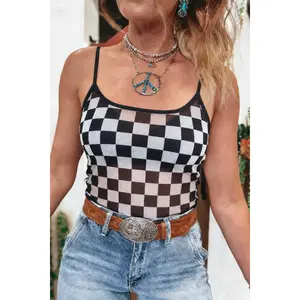 Black Sheer Checkered Print Spaghetti Straps Slim Tank Top