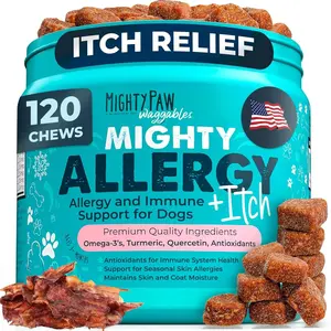 Mighty Paw Waggables Allergy Immune + Itch (Made in The USA) -Dog Chews Anti-Itch for Dogs. Allergy Support Vitamins for Skin and Coat Allergies. Omega 3 & Quercetin for Pets 120 Ct