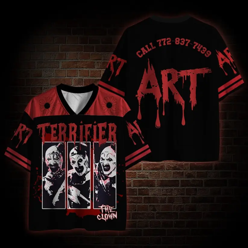 Bloody Horror Clown Mesh Baseball Jersey, Slasher Killer Custom Sport Shirt, Aesthetic Spooky Season Graphic Team Uniform, Novelty Halloween Party Costume Top