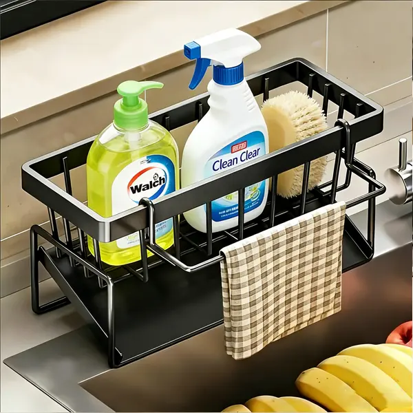 Carbon Steel Decorative Kitchen Sink Drain Rack - 2-Layer Storage Organization, Hanging Design with Sponge & Dish Brush Holders, 8.27x3.74-Inch Footprint, Corrosion Resistant, Countertop Compatible, Space-Saving, Easy to Clean