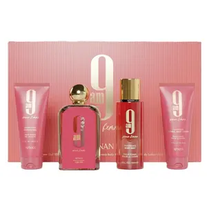 Afnan 9 Am Pour Femme 4 Piece Bundle Set for Women ( Eau de Parfum Spray - 3.4 Ounce, Shower Gel - 3.4 Ounce,  Body Mist - 5.0 Ounce  & Body Lotion - 3.4 Ounce)