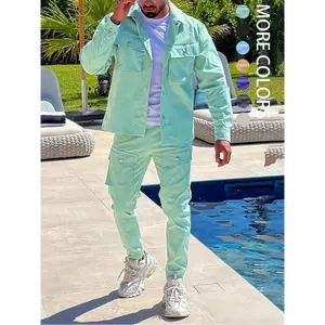 Men's 2-Piece Light Green Plain Long Sleeve Clothes Set - Solid Lapel Neck Button-Pocket Jacket, Drawstring-Waist Cargo Pants, Regular Fit, Cozy Breathable Casual Outfits for Daily, Outdoor Menswear