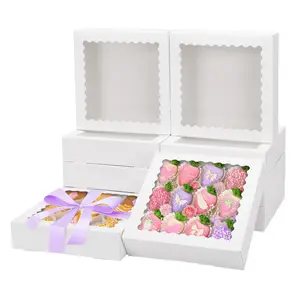 12pcs Bakery Boxes, 8x8x2 Inches Auto-Popup Cookie Boxes with Window, White Treat Containers for Chocolate Strawberries, Donuts, Desserts, Pastries