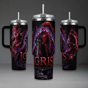 Igris Blood-Red Commander Tumbler, Solo Leveling Shadow Knight 40oz Cup with Handle, S-Rank Summon Warrior 20oz Stainless Steel Travel Mug, Anime Fan Gift, Igris Inspired Insulated Tumbler Featuring Epic Crimson Armor Design.