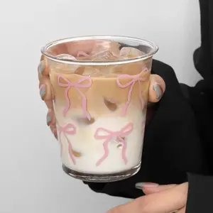 2-Piece Cute Bow Glass Cups Set – 350ml Aesthetic Coffee & Water Cups for Daily Use, Office & Home, Drinkware