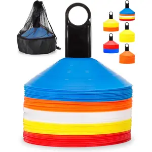 Pro Disc Cones (Set of 50) - Agility Soccer Cones with Carry Bag and Holder for Sports Training, Football, Basketball, Coaching, Practice Equipment, Kids - Includes 15 Best Cone Drills Book