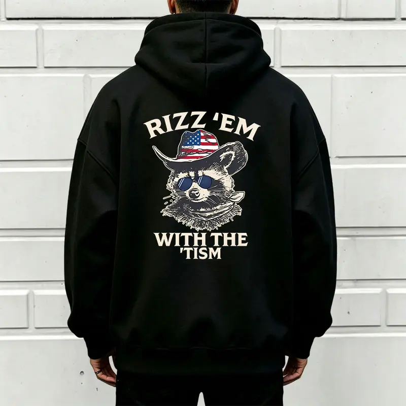 Unisex 'Rizz 'em with the Tism' Meme Hoodie, Retro Oversized Baggy Top with American Western Raccoon Graphic Print, Tops, Menswear, Loose, Casual, Fashion, Long Sleeve, Pullover, Jeans