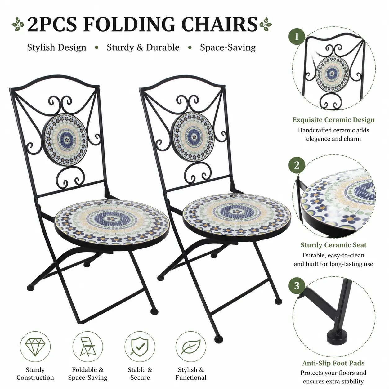 2-Piece Mosaic Ceramic Tile Folding Bistro Chairs, Rustproof Metal Patio Seating for Garden, Backyard Outdoor Home Improvement Decor