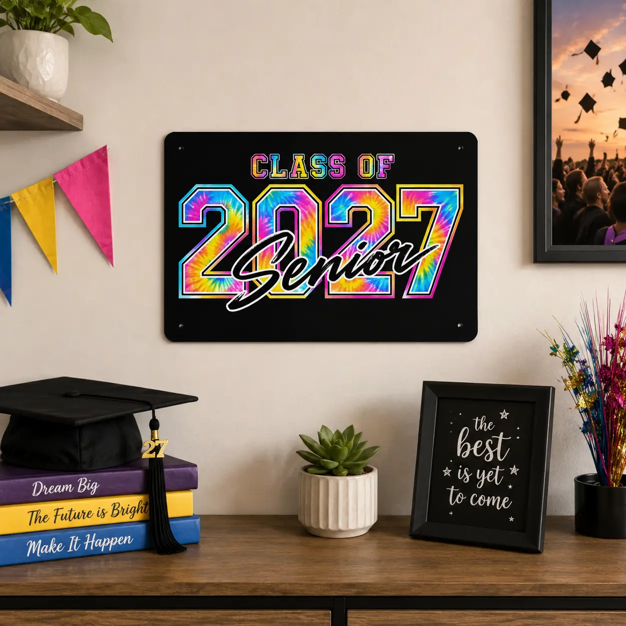 "Class of 2027 Senior" Colorful Tie Dye Wall Decor - 12x8 Inch Groovy Rainbow Graduation Artwork, Vibrant Back to School Photo Prop Picture for Dorm & Bedroom