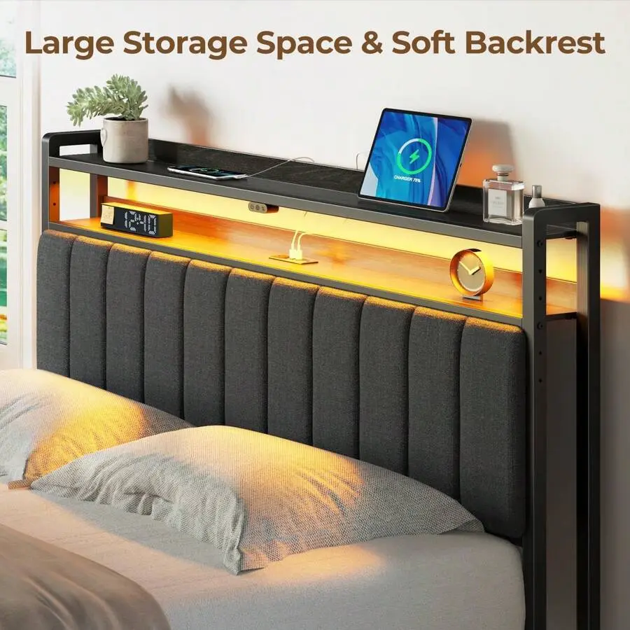 Headboard For Twin/Full/Queen Size Bed  Storage, Headboards  Outlets,  Ports And  Light, 60,000 DIY Color Of  Light, Head Board   & Type C Port, Height Adjustable, Height Adjustable, Comfortable Headboard with USB mirror dining C-Shaped Table sand LED