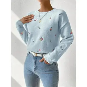 Women's Floral Embroidery Drop Shoulder Sweater?Pullover, Casual Long Sleeve Round Neck Jumper for Fall & Winter, Ladies' Knitwear for Daily Wear