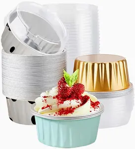 50PCS Mixed color Disposable Ramekins with lids,5oz Mini Aluminium Foil Baking Cups Creme Brulee Cupcake Liners, Desert Cheesecake Pans Flan Molds Tin Cups Containers for Party