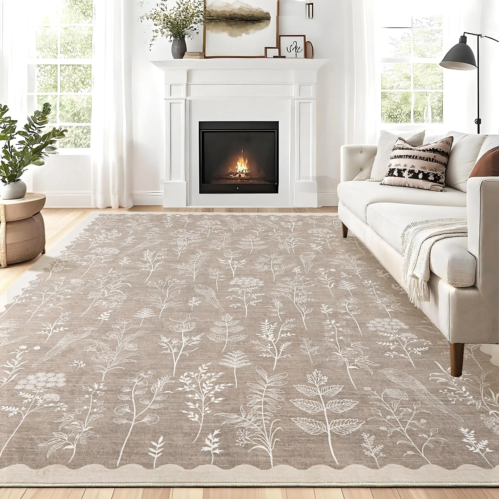 Washable 5x7 Rugs for Living Room Floral Scalloped Bedroom Area Rug, Non-Slip Dining Table Solid Neutral Throw Mat, Botanical Area Rug Carpet for Entry Basement Dorm Farmhouse, Taupe