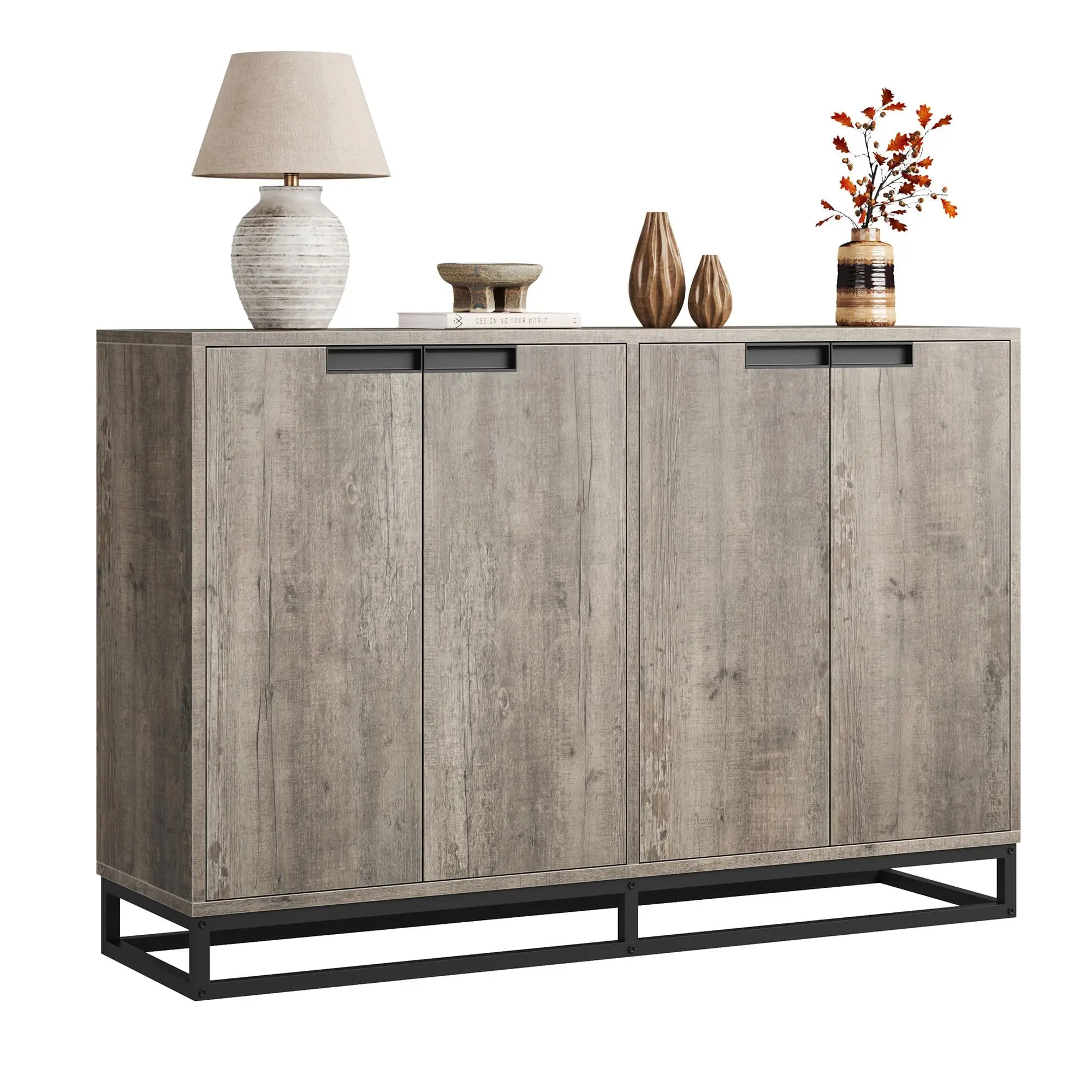 Garvee 55 Inch Sideboard Buffet Cabinet with Storage, featuring 4 Doors and Adjustable Shelves, suitable for Kitchen, Dining Room, Entryway, or Living Room, available in Grey and Brown finishes.