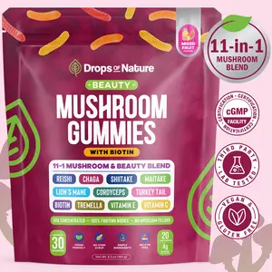 [OFFICIAL STORE] Drops Of Nature Mushroom Beauty Gummies with Biotin 11-in-1 | Reishi, Chaga, Shiitake, Maitake, Lion's Mane, Cordyceps, Turkey Tail, Tremella, Vitamin E, Vitamin C | Vegan Mushroom Supplement | Mixed Fruit, 30 Gummies