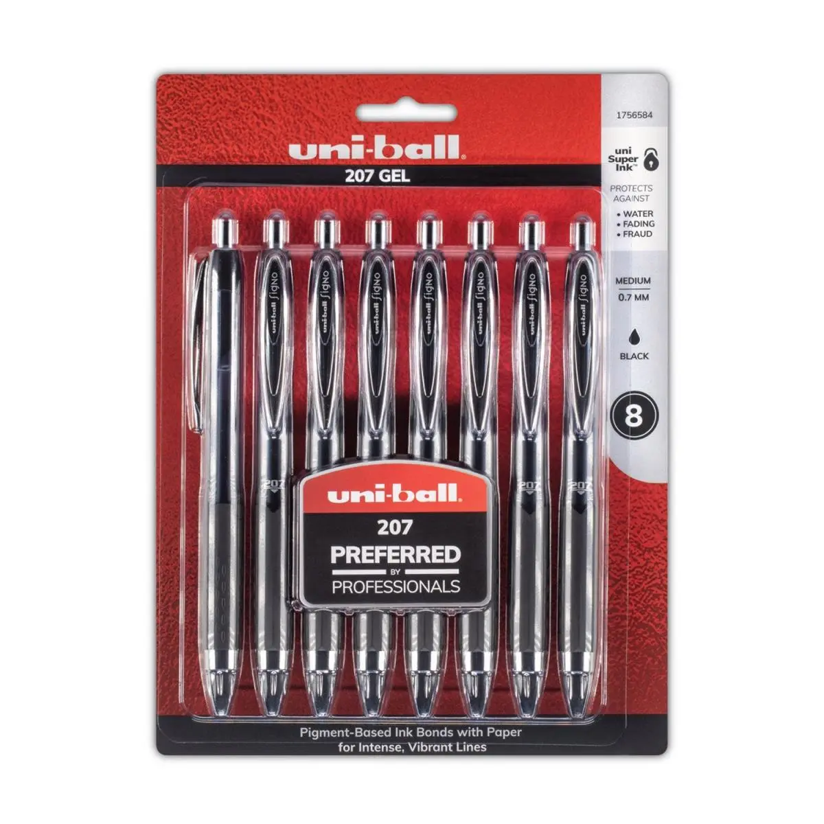 Uni-Ball 207 Gel Pen, UBC1756584 Model, 0.7 mm Tip, Black Ink, Smooth Writing - Pack of 8, Black Ink Pen, Smooth Writing Pens