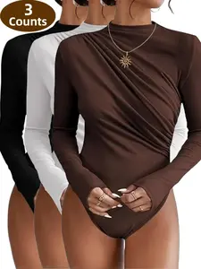 1/2/3 Counts Women's Earth Tone Long Sleeve Crew Neck Loungewear Jumpsuit, Fitted Slim Fit Basic Casual Bodysuit, Ladies Warm Tee, Women's Clothing with Waist Pleated Design, Cute, Y2K Womenwear, Suitable For Home Leisure Out Fashion Wear ﻿