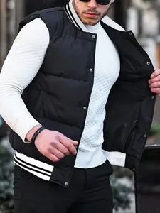 Men's Solid Button Front Pocket Vest Gilet Puffer Coat Without Tee & Necklace, Regular Fit Casual Stylish Soft Comfy Warm Outerwear For Daily Wear, Men's Clothes For Winter