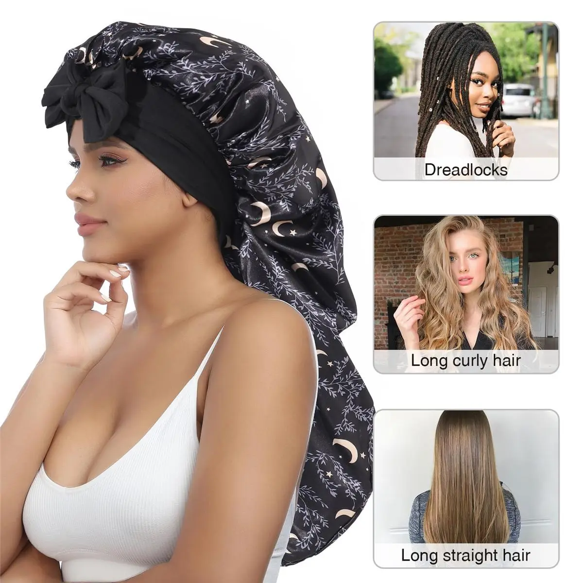 Double Layer Satin Bonnet for Sleeping - Silk Like Texture, Elastic Tie Band, Curly Hair Nightcap, Smooth Haircare, Reusable, 100% Polyester, 55cm Cap Circumference, 94cm Length, 35cm Width, 61cm Rope Length, 6.5cm Rope Width Double Layer Satin Bonnet for Sleeping - Silk Like Texture, Elastic Tie Band, Curly Hair Nightcap, Smooth Haircare, Reusable, 100% Polyester, 55cm Cap Circumference, 94cm Length, 35cm Width, 61cm Rope Length, 6.5cm Rope Width