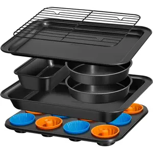 Nonstick Baking Pans Set, 19 count Stackable Bakeware Sets, Oven Pan Set Includes Baking Tray, Cookie Sheet, Cake Pans, Loaf Pan, Muffin Pan,  Cups