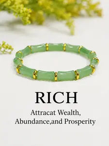 Chinese Style Bamboo Knot Design Bracelet With Green Artificial Crystal Beads And Gold Spacer - Symbolizes Harvest, Prosperity, And Good Luck, Suitable For Women's Daily Wear Or As A Festival Gift (New Year Lucky Giveaway), Bamboo Bracelet With Bamboo Kno