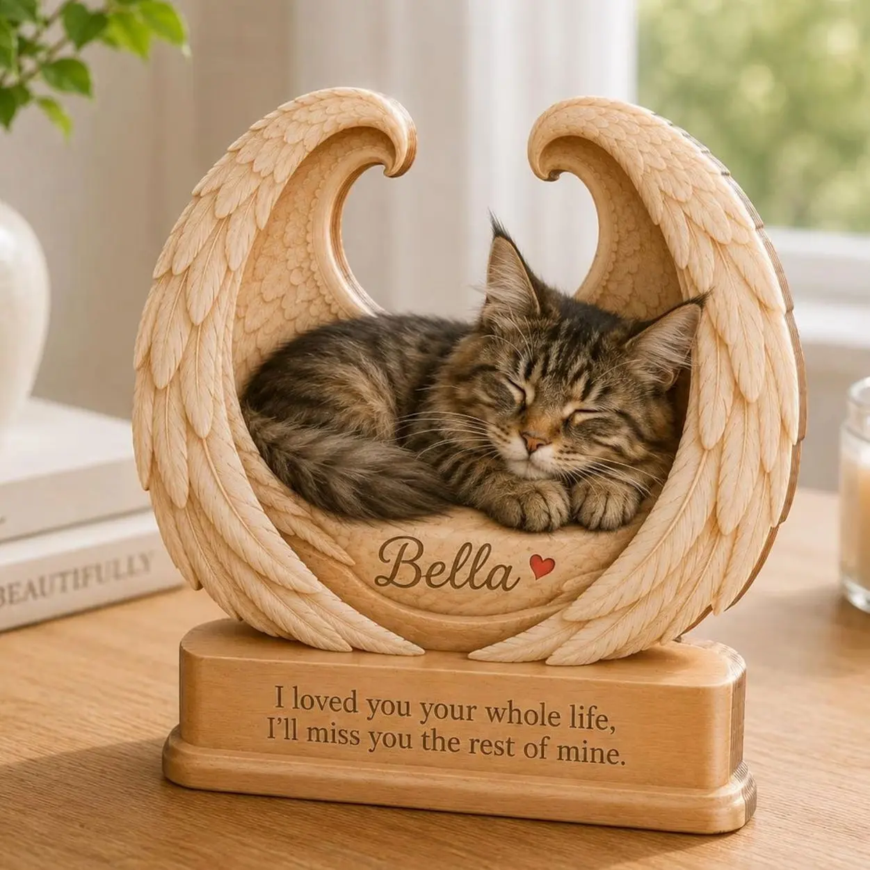 Personalized Cat Memorial Wooden Block, Custom Cat Photo Angel Wings Keepsake, Cat Loss Sympathy Gift, Pet Memorial Decor