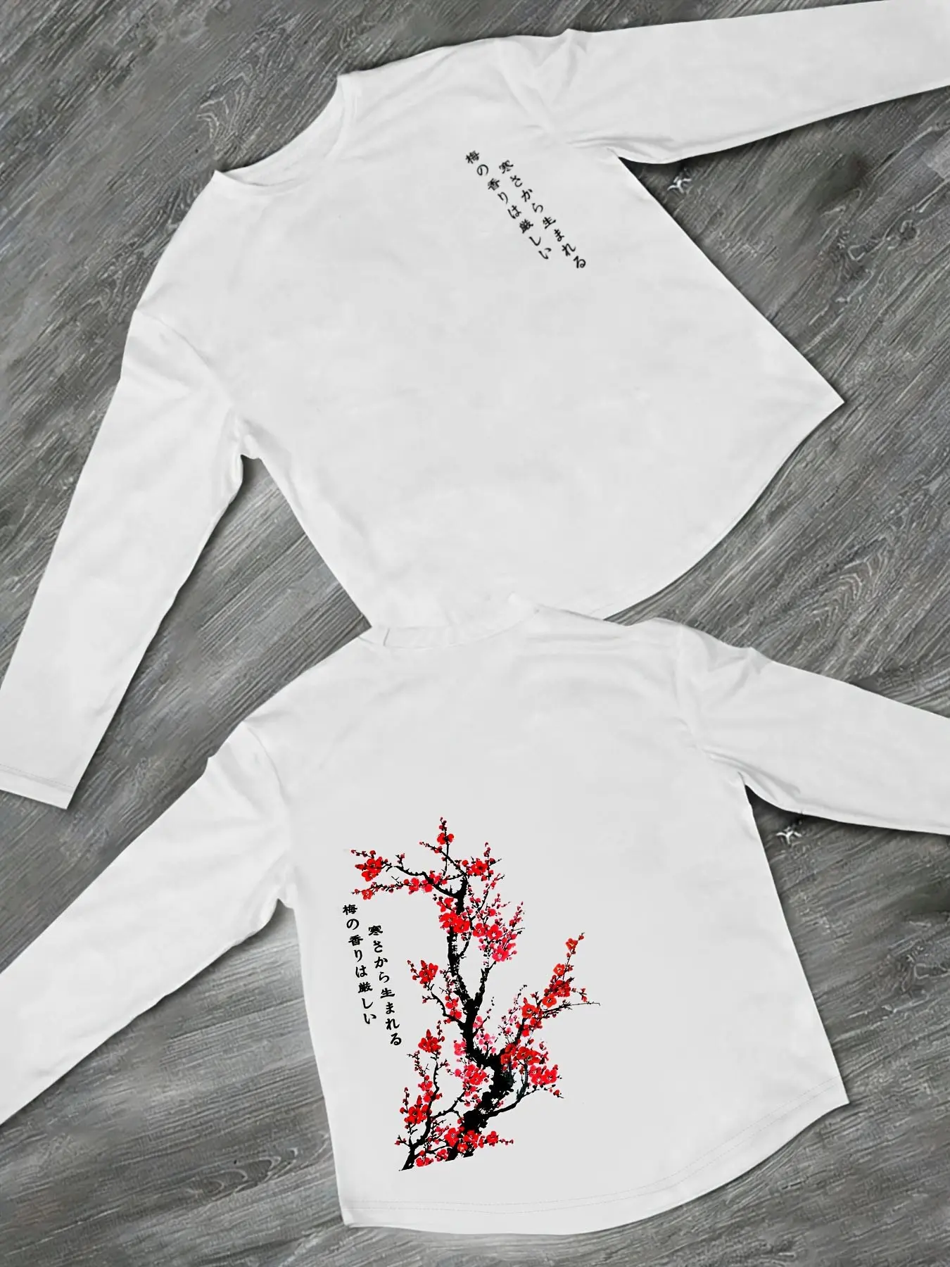 Men's Japanese Traditional Cultural Plum Blossom Printed Long Sleeve Tee Fashion Streetwear Top Oriental Aesthetic Streetwear Casual T-Shirt