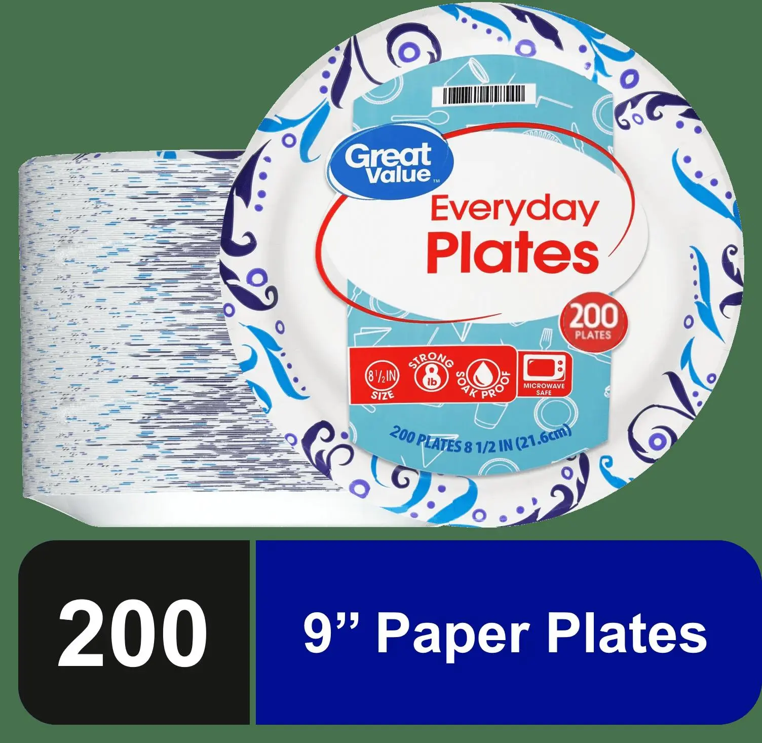 9 in 200 Count Everyday Strong Soak Proof, Microwave Safe, Disposable Paper Plates