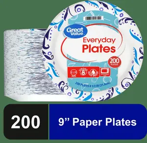9 in 200 Count Everyday Strong Soak Proof, Microwave Safe, Disposable Paper Plates