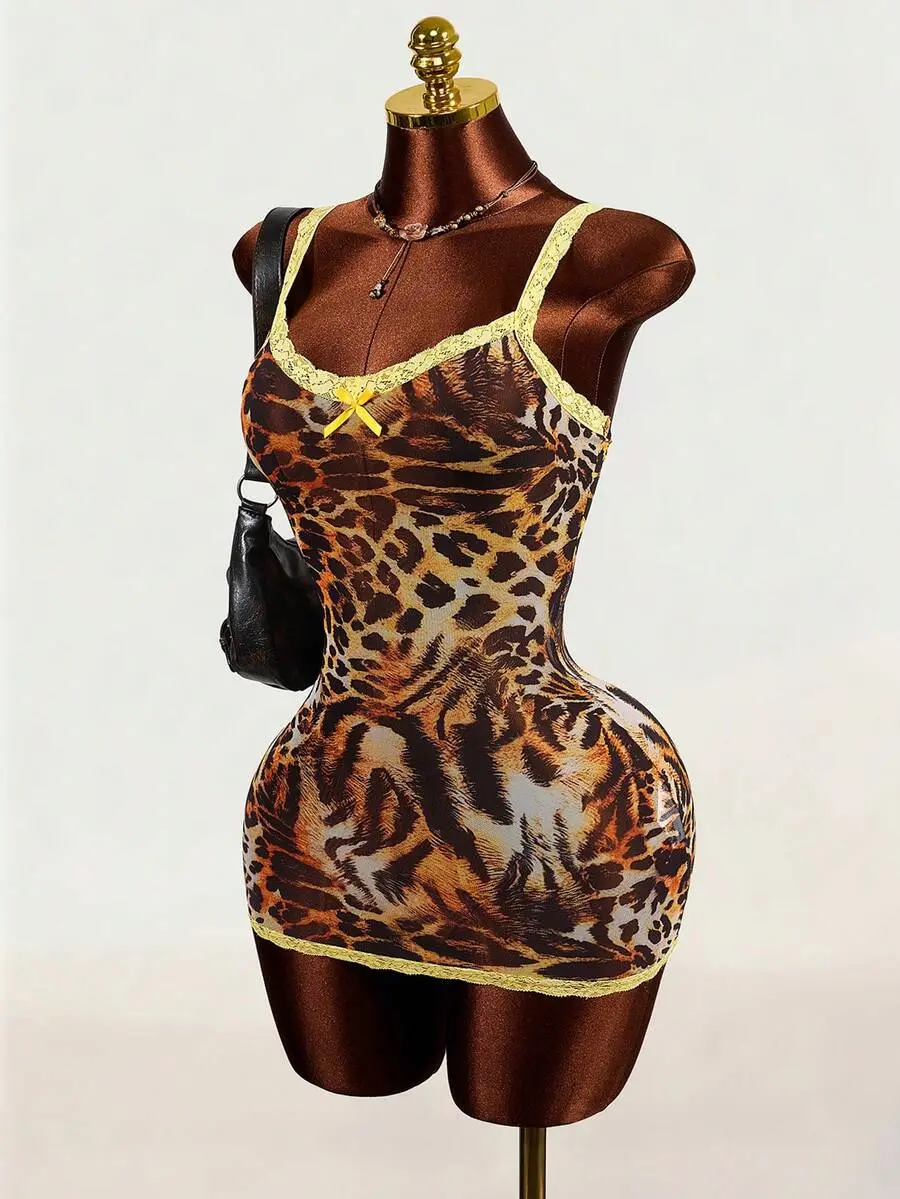 Mistrie Yellow Lace Trim Leopard Print Sleeveless Cami Dress,Cheetah Print,Y2K Wild Vibes | Leopard Lace Mini Dress