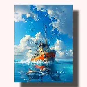 DIY Paint by Numbers Kit - Calming Ocean Fishing Boat Seascape Canvas Art, Therapeutic Stress Relief Wall Art for Adults & Beginners (Toys & Hobbies DIY Painting Supplies)